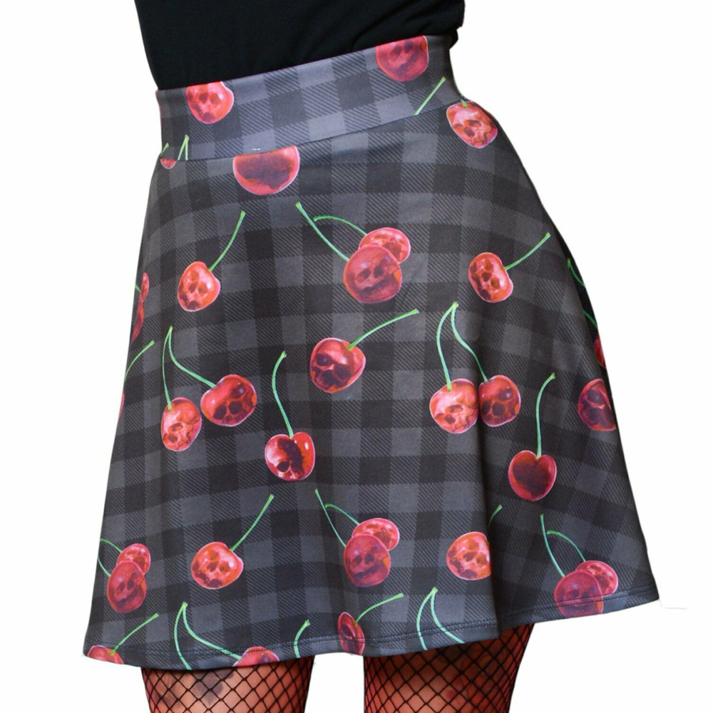 Cherry Skull Skirt L Gothic Plaid Black Red Skater